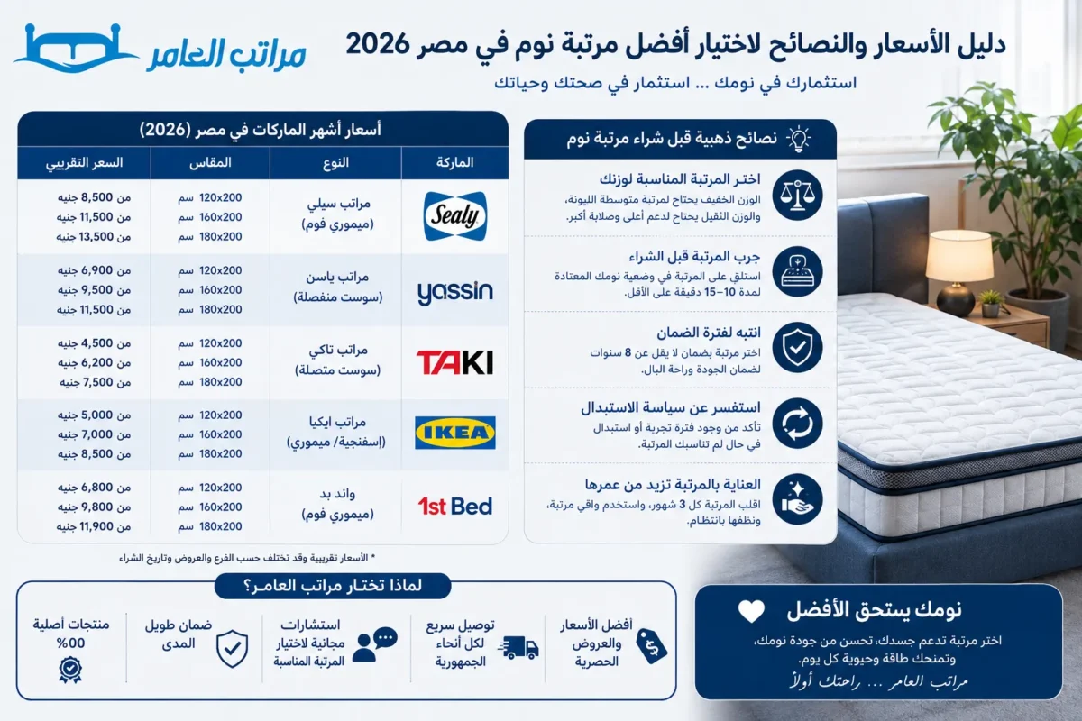 أفضل مرتبة نوم في مصر 2026 | دليلك الشامل لاختيار المرتبة المثالية (سيلي، يانسن، تاكي، ايكيا)